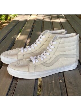Vans Off White Leather Suede Hi Top Sneakers Men’s Sz 9 Women’s Sz 10.5 Zipper